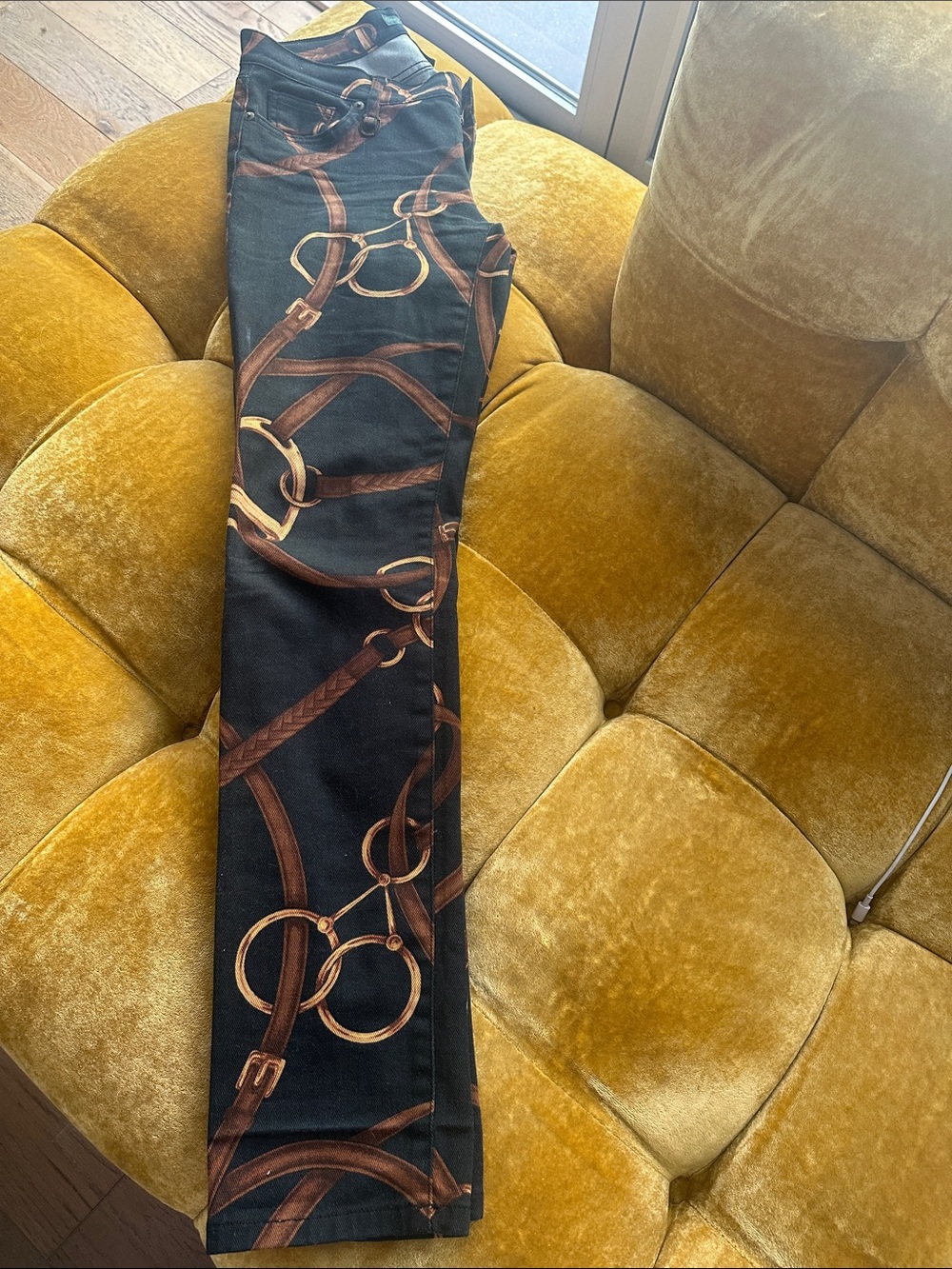 Ralph Lauren Black Straight-Leg Jeans with Brown & Gold Equestrian Print